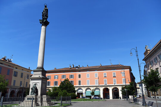 Monument to the Immaculate Conception (or Column of the Virgin Mary) located in the center of Piazza Duomo in Piacenza Italy