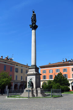 Monument to the Immaculate Conception (or Column of the Virgin Mary) located in the center of Piazza Duomo in Piacenza Italy