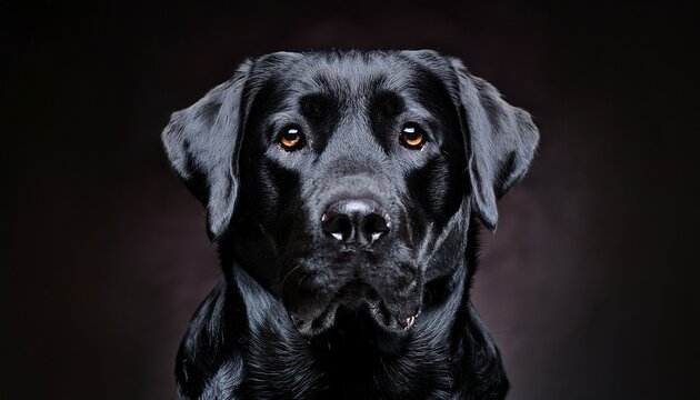 a black labrador stares intently at the camera against a dark background