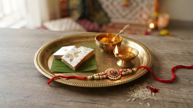 Raksha bandhan festival thali with rakhi, sweets, diya, and rice on wooden background