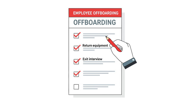 Employee Offboarding Checklist Vector Illustration - HR Exit Process with Hand Marking Tasks for Career Transition and Business Management