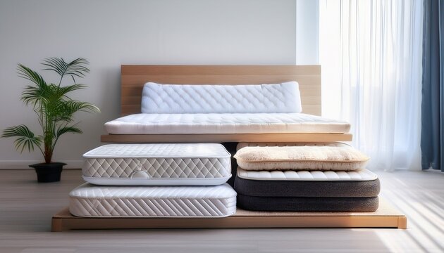 a stack of various mattresses and mattress toppers sits on a bed in a bright room