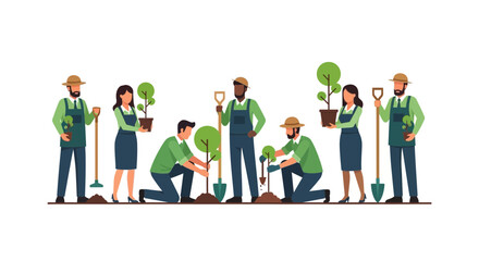 Fototapeta premium Diverse Group of People Planting Trees for Environmental Conservation and Reforestation, Flat Vector Illustration of Volunteers Working Together for Sustainability.
