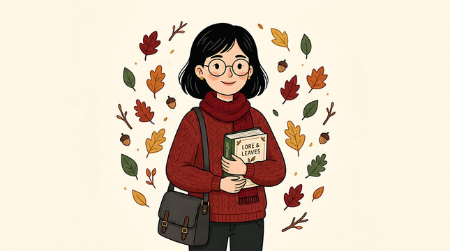 Cute girl with glasses holding a book titled lore and leaves surrounded by autumn leaves and acorns