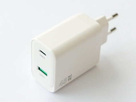 White 45W USBC and USBA Wall Charger Adapter on White Background
