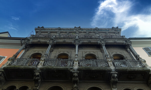 Upper facade of Casa Milza in Piacenza, a valuable Art Nouveau building located in Via XX Settembre, designed in 1914 by the Piacenza architect Giovanni Gazzola