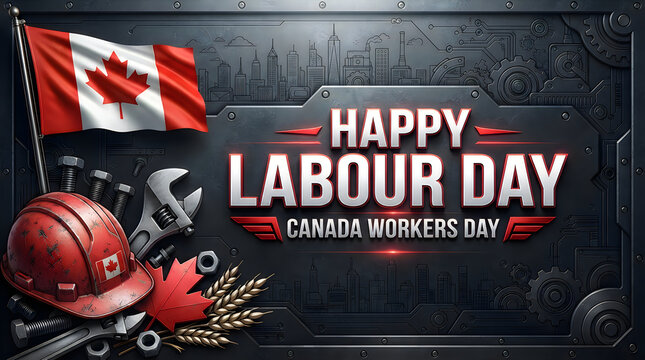 Happy labour day banner with canadian flag construction hard hat and tools on dark metal background