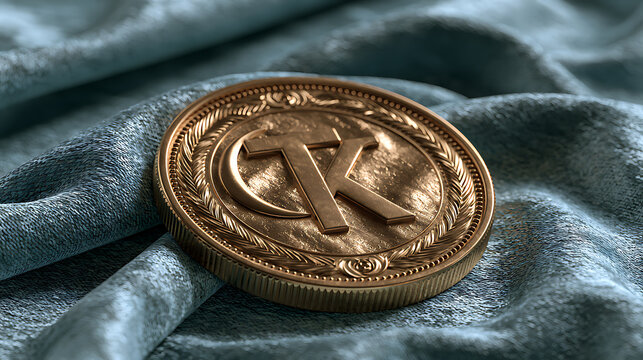 Kazakhstan tenge coin with laurel wreath design golden metallic rendering