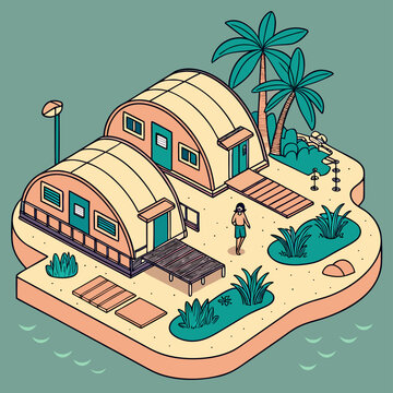 Isometric tropical island resort vector illustration featuring quonset huts and palm trees