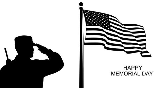 Silhouette of soldier saluting american flag on memorial day with saluting beside waving white background black silhouette patriotism military