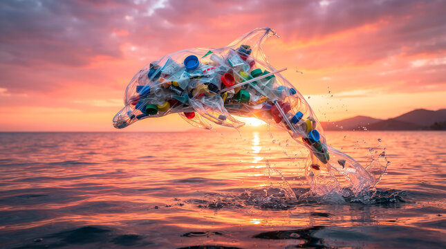 Plastic pollution in ocean, dolphin sculpture filled with trash jumping at sunset