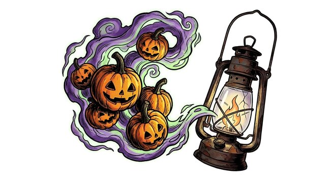 A vintage rusty lantern emitting purple magical smoke that transforms into flying carved pumpkins. Spooky comic style Halloween art.