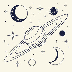 Celestial universe vector illustration with saturn moon phases glittering stars, astronomy © Tiya