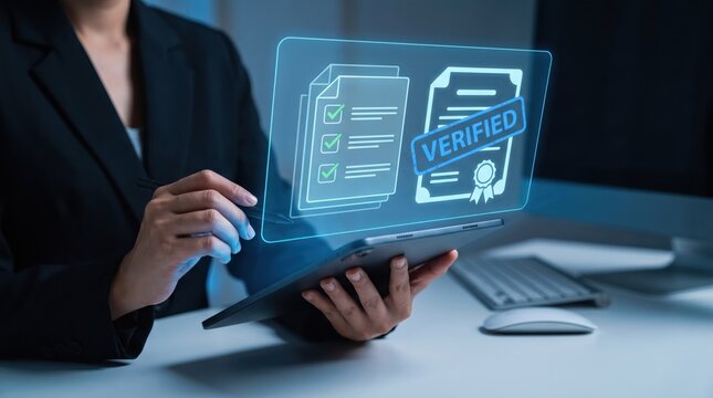Business professional using a tablet to verify digital documents with a holographic interface