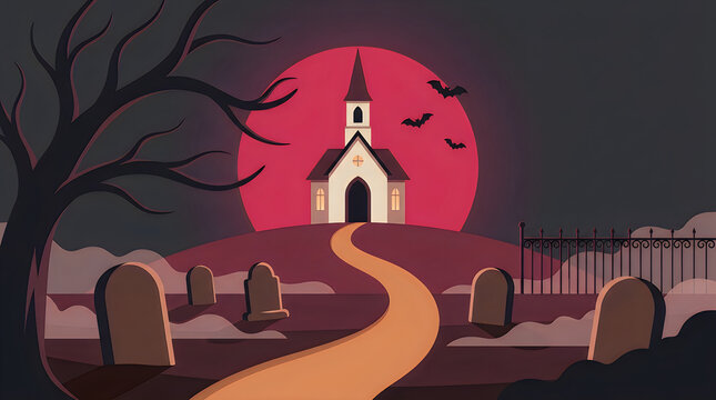 Haunted church at dusk with red moon and graves