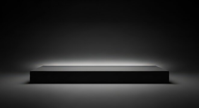 Rectangular black podium stage with glowing backlight on a dark background, for product presentation