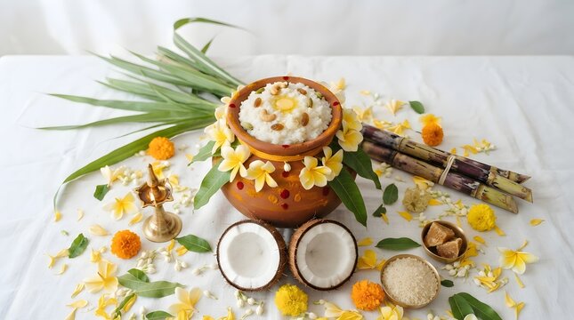 Pongal festival setup with sweet pongal in a clay pot, sugarcane, coconut, jaggery, and flowers isolated on white background