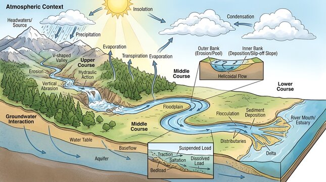 Educational diagram of the water cycle, river system, and hydrological processes from source to sea