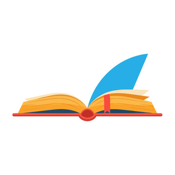 Open red book with yellow pages and a blue paper sail for creative storytelling and education