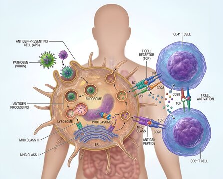 Detailed medical illustration of antigen presentation and T cell activation process in the human body