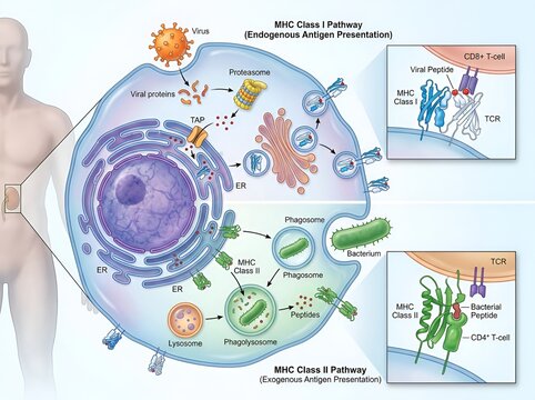 Medical educational illustration detailing the mechanisms of MHC Class I and MHC Class II antigen presentation pathways inside human cells