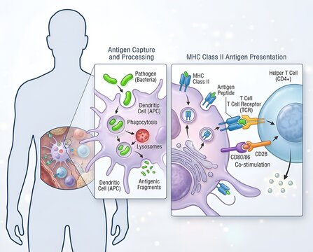 Medical diagram showing antigen capture and processing and MHC class II antigen presentation in the human body