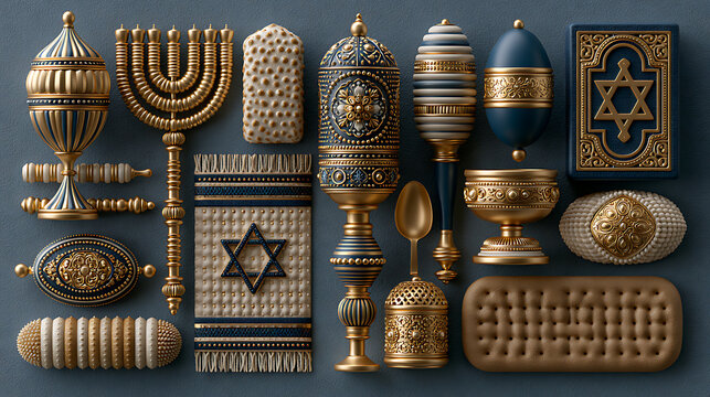 Purim elements collection including menorahs and groggers in a photorealistic style