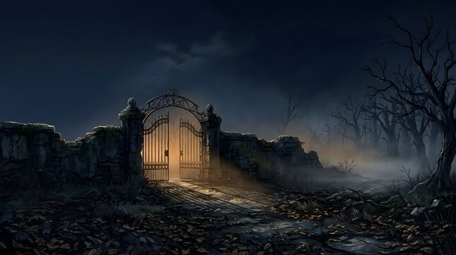 Gothic iron gate in a stone wall illuminated by bright light rays at night
