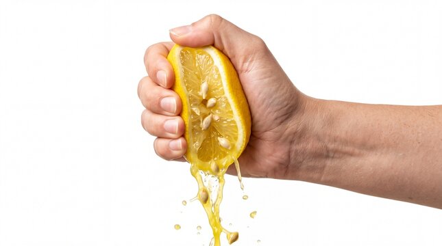 Human hand squeezing fresh organic lemon slice causing yellow juice splash isolated on white background