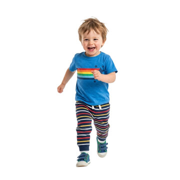 Energetic young toddler boy smiling widely while running joyfully in a colorful outfit on transparent background