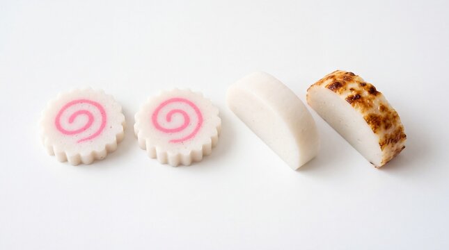 Fresh slices of kamaboko and narutomaki fish cake arranged neatly in a row on white background