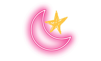 Golden crescent moon with glowing starburst on pink cosmic gradient background © Mim