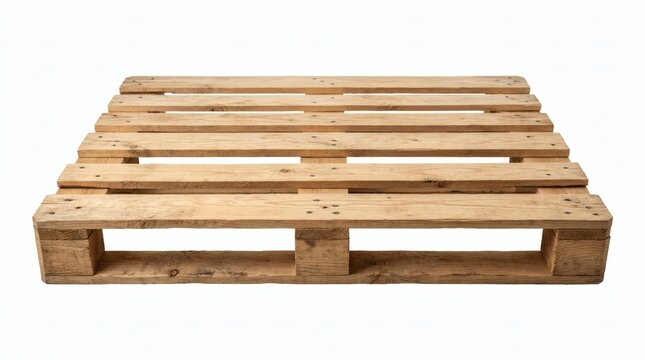 Empty wooden shipping pallet isolated on white background. Logistics supply chain, storage, wholesale industry, warehouse transport, crate, furniture base, DIY craft project.
