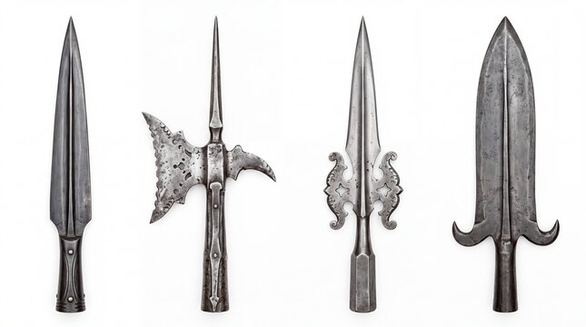 Detailed collection of historical steel polearm heads featuring sharp metal blades arranged on white background