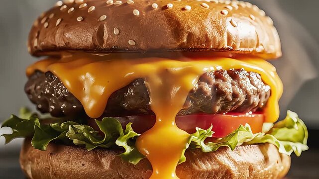 Juicy beef burger with melting cheese close up