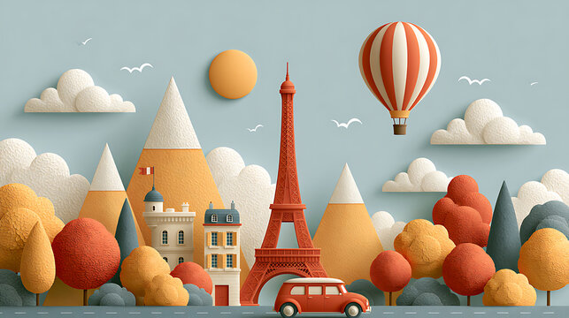 Parisian landscape with eiffel tower and hot air balloon vector illustration
