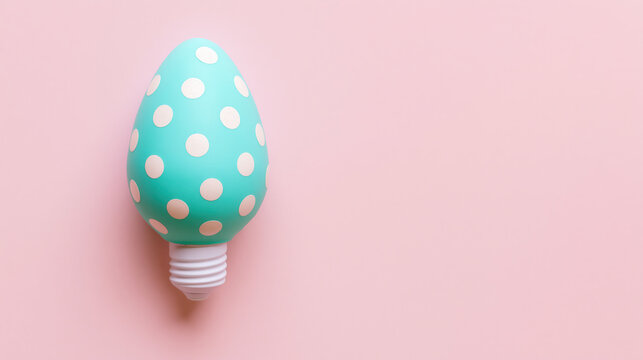 minimal flat lay shows turquoise easter egg light bulb with white polka dots resting on seamless pastel pink backdrop, playful spring concept for advertising, web design, cards, mockups
