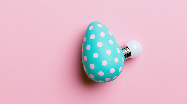 minimal flat lay shows turquoise easter egg light bulb with white polka dots resting on seamless pastel pink backdrop, playful spring concept for advertising, web design, cards, mockups
