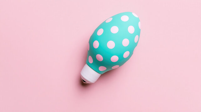 minimal flat lay shows turquoise easter egg light bulb with white polka dots resting on seamless pastel pink backdrop, playful spring concept for advertising, web design, cards, mockups
