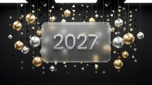 Happy new year 2027 sign with hanging gold and silver baubles on a black background