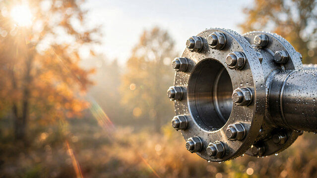 Minimalist industrial stock photograph of a heavy steel pipe flange connection with massive bolts and copy space