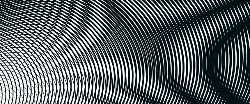 Black and White Abstract Striped Background with Optical Illusion Waves, Geometric Lines, Spiral Curves, Metallic Texture and Modern 3D Pattern Design