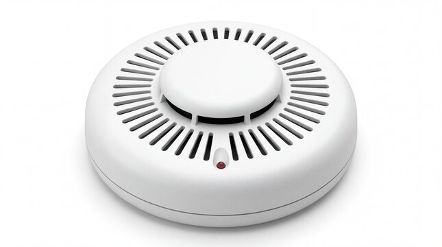 Modern white circular smoke detector device featuring a small red indicator light on white background