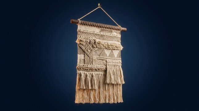 Handmade macrame wall hanging, bohemian textile decoration, beige cotton yarn weaving, wooden rod background, home decor interior, boho style ornament, ethnic craft