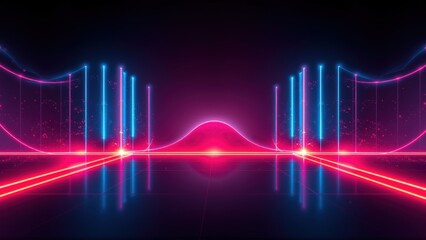 Naklejka premium Neon landscape. Futuristic scene with vibrant pink, blue lights. Grid floor reflects glowing structures, creating immersive visual experience.