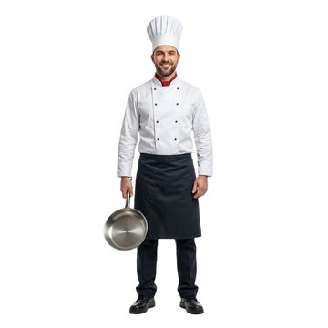 Professional male chef wearing tall white hat holding silver skillet isolated on transparent background