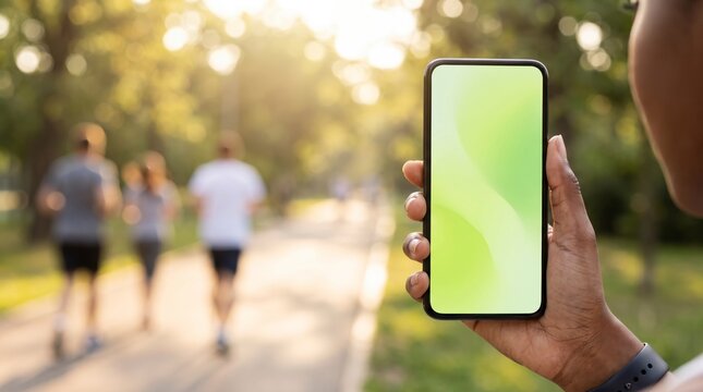 Active hand holding green gradient smartphone mockup screen along sunny park running pathway
