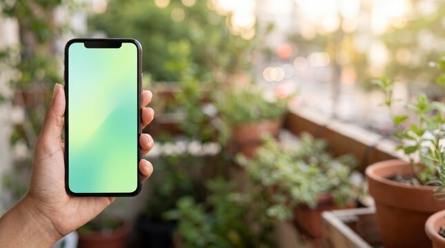 Gardener hand holding mint gradient smartphone mockup screen on green plant filled balcony