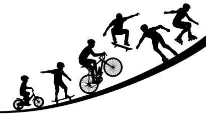 Fototapeta premium Extreme Sports Silhouettes Showing Skateboarding, BMX Cycling, Rollerblading, Jumping, Balancing, and Freestyle Action on Curved Ramps