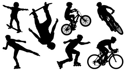Fototapeta premium Extreme Sports Silhouette Collection Featuring Skateboarders, BMX Cyclists, and Rollerbladers Performing Dynamic Tricks and Action Poses
